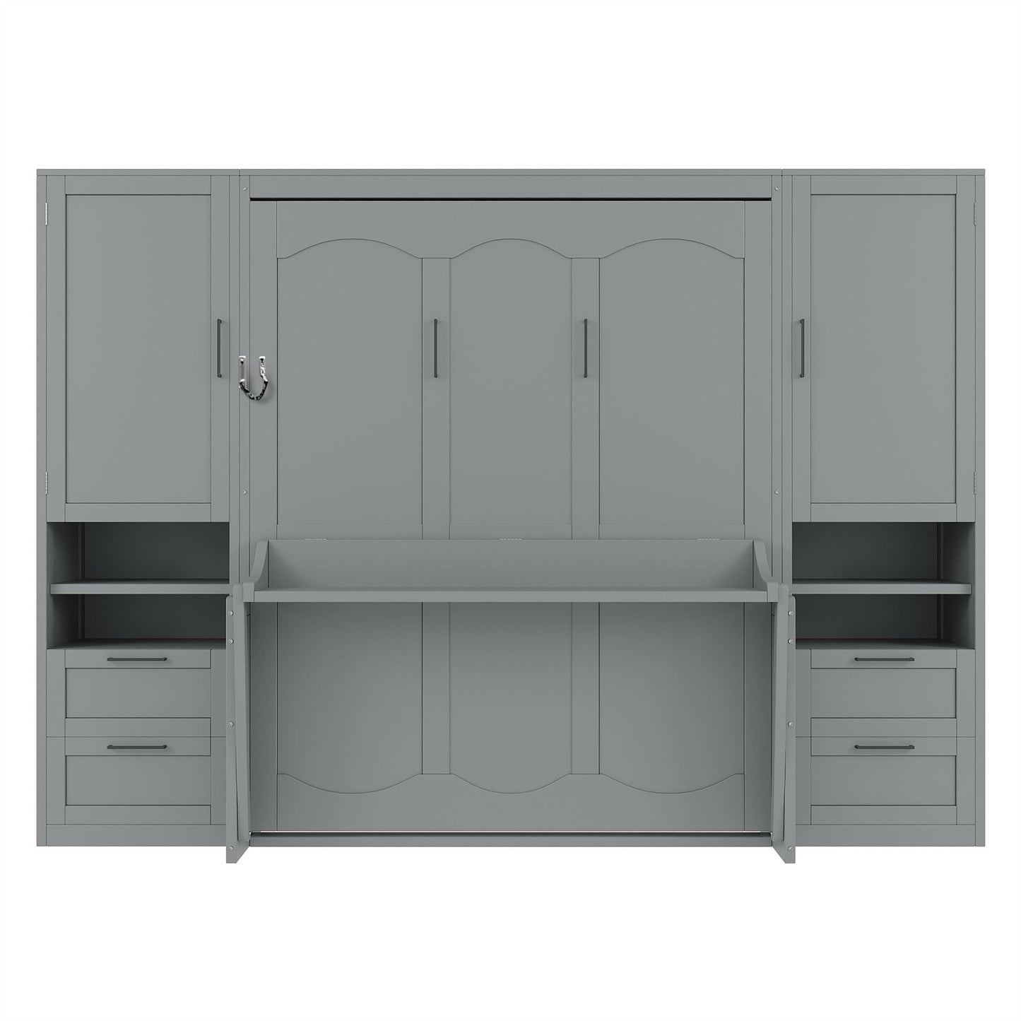 Merax Queen Size Murphy Bed with Desk, Multifunctional Foldable Wall Bed with Closet, Drawers and Shelves, Space-Saving Wood Platform Bed Frame for Small Spaces Studio Study Office Guest Room, Gray
