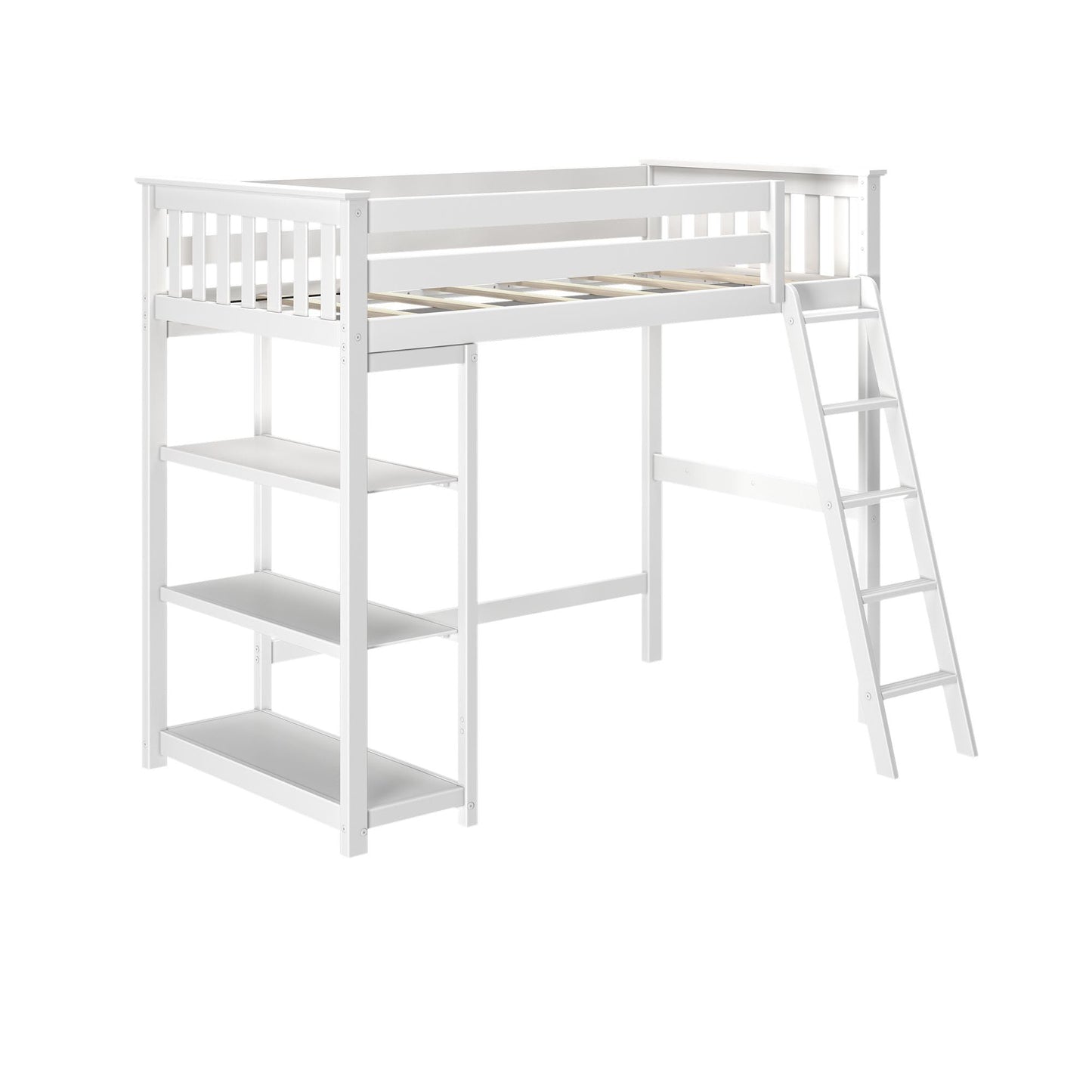 Max & Lily High Loft Bed, Twin Bed Frame For Kids With Bookcase, White