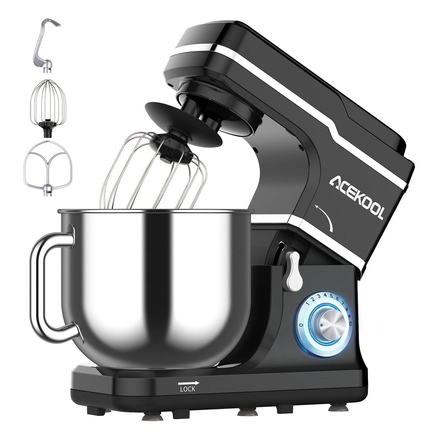 GarveeTech Stainless Steel 1 Black 42*40*28 cm Enhanced Mixing Power With 7.5 QT Stand Mixer - 10-Speed, 3 in-1 Design, Stainless Steel Bowl, Egg Whisk, Dough Hook, Beater, Compact for Home Cooking
