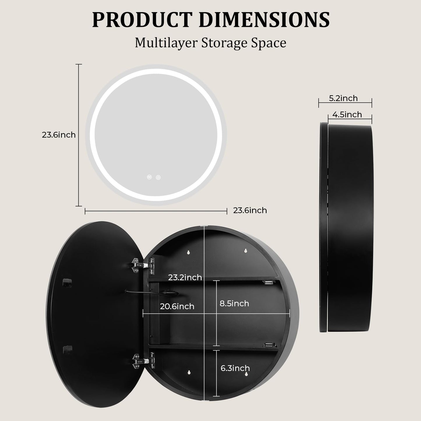 WallBeyond 24 in Round LED Medicine Cabinet with Mirror, Black Bathroom Cabinet with Storage, 3 Color Stepless Dimmable Lights, Anti-Fog, Memory Function, Hardwired, Surface Mount