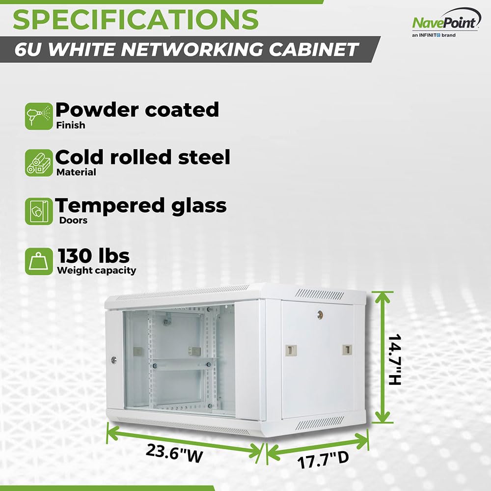 NavePoint 6U Network Cabinet with Glass Door – 6U Wall Mount Server Cabinet White 19” Rack for IT Equipment, AV Devices, Networking Equipment –17” Deep Server Rack Enclosure
