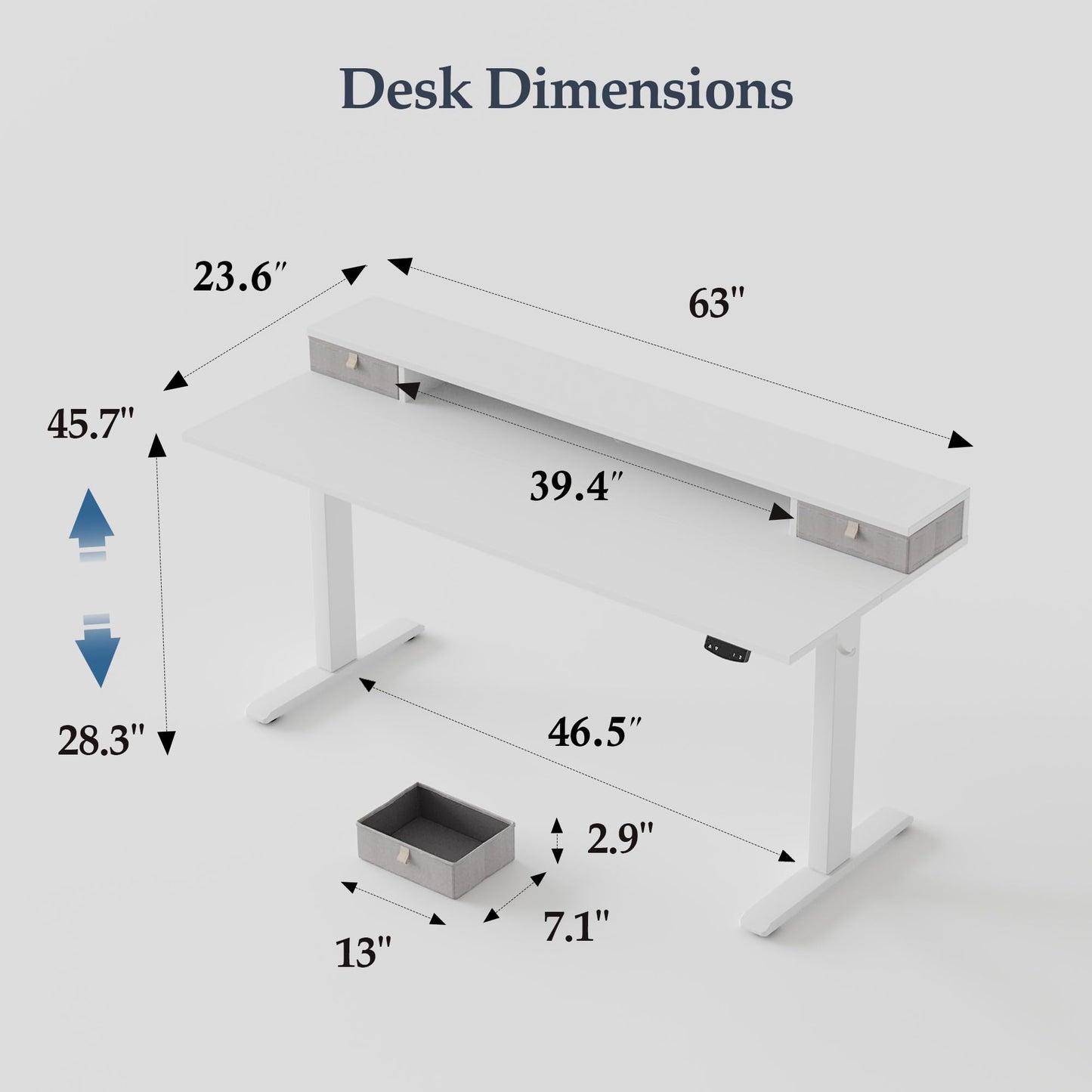 Klicelor 63 x24 Inch Electric Standing Desk with Drawers, Adjustable Height Small Sit Stand Desk for Home Office, Compact Computer Workstation with Storage– White