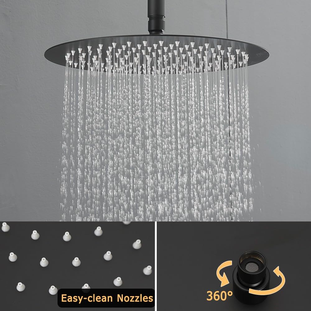 HXYHS Matte Black Round Shower Faucet Set with Body Jets 12 Inch Shower Head Handheld Shower Combo Set High Pressure Ceiling Mount with Rough-in Valve