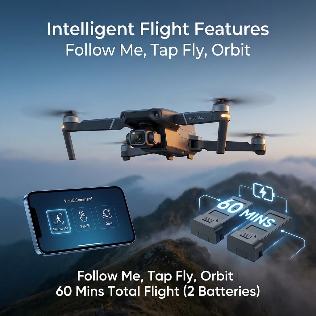 V168 Pro MAX GPS Drones with Camera for Adults 4K, RC Drone with 4.5" HD Screen on Controller, 60 Mins Flight, Long Range Transmission, 360° Obstacle Avoidance, Follow Me, Auto Return, Brushless Motor, QuickShots, Lightweight and Foldable Quadcopter for B