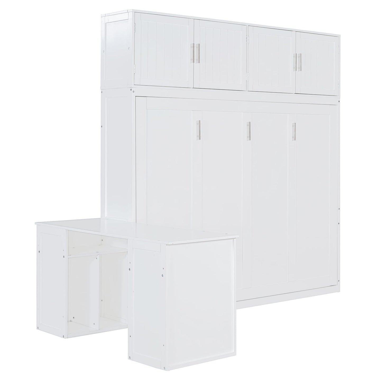 Merax Queen Size Wall Murphy Bed with Desk and Storage Shelves and Big Cabinets for Guest Room, Bed Room, Guest Room, Home Office, White