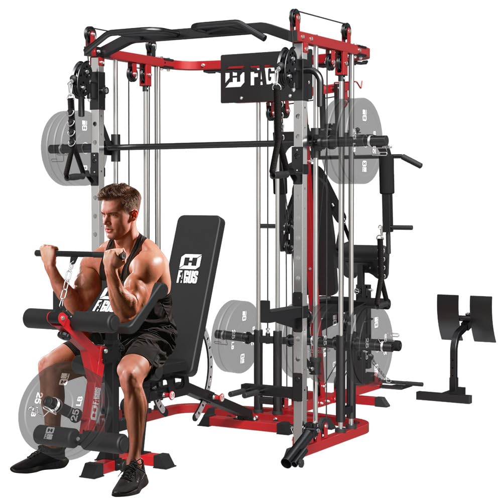 FAGUS H All in One Home Gym System Workout Station with Weight Bench, Multi-Function Smithe Machine Power Cage with Cable Crossover, Tripe-Sided Independent Load Posts Functional Trainer, Black & Red