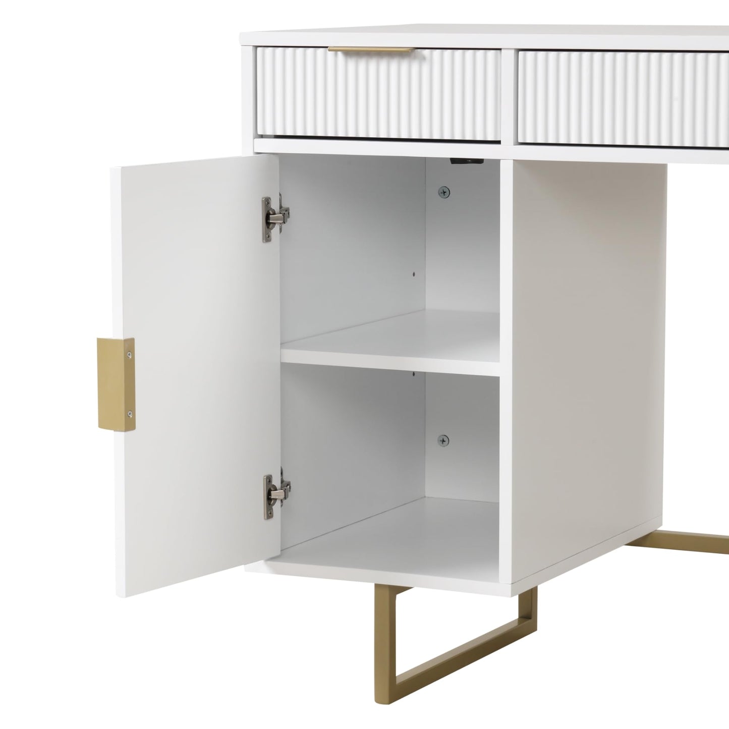 Nathan James Jacklyn White Modern Computer Desk, Workstation or Writing Desk for Small Spaces with Drawers and Cabinet Storage, White/Pale Gold