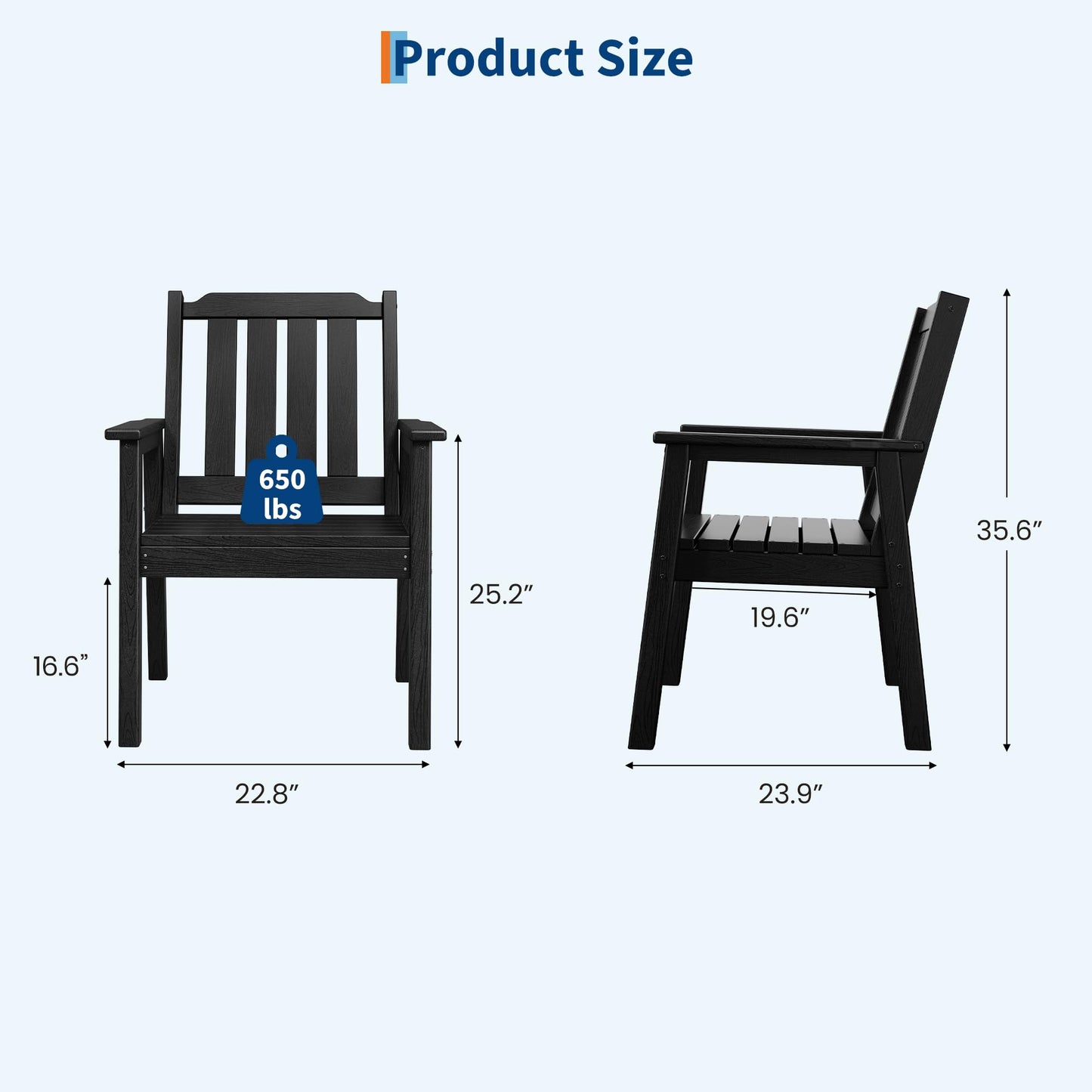 Outdoor Dining Chairs Set of 4, HDPE Patio Chairs 650LBS Capacity All-Weather Yard Armchair with Slatted Seat, 23.9" Wide Heavy Duty Modern Backyard Furniture for Garden, Poolside, Deck (Black)