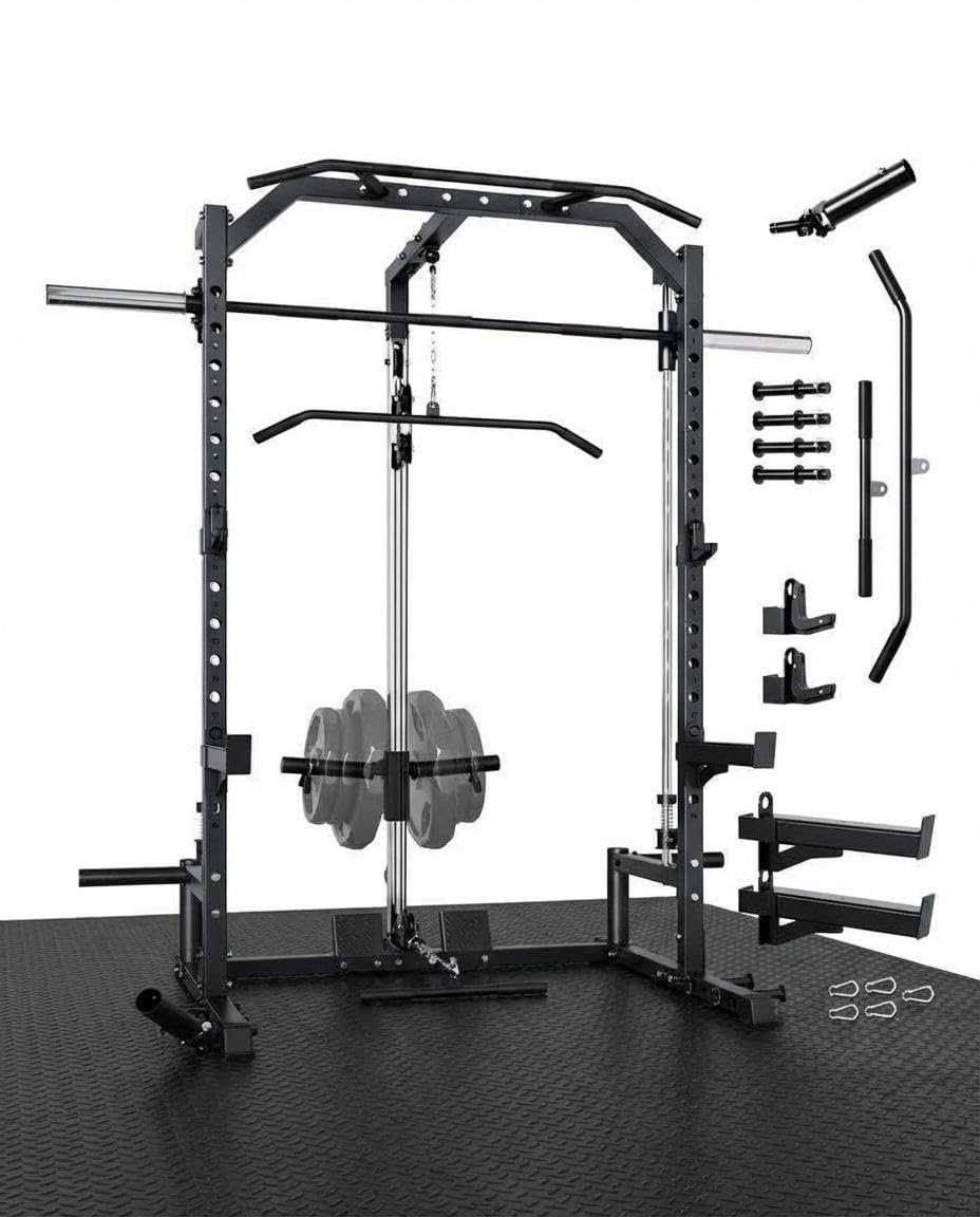 Compact Smith Machine Home Gym, All-in-1 Power Rack with LAT Pulldown Cable System, 1000LB Capacity, Squat Rack & Strength Training Station for Small Spaces