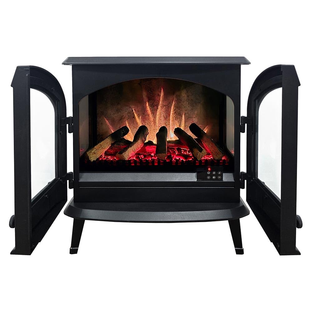 Modern Ember Harlowe Freestanding Electric Fireplace Stove Heater in Black with Multi-Color Ember Bed | Smart Technology | Alexa/WiFi Enabled | 1500W | Indoor Portable Heater | Safety Shutoff