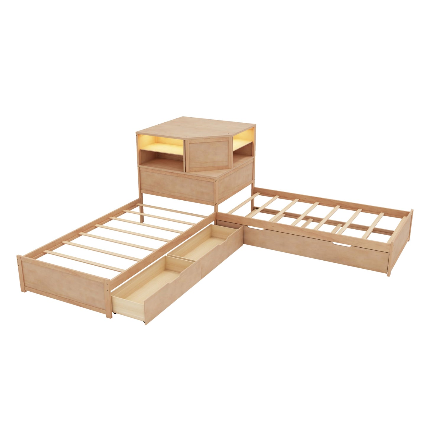 Merax L-Shaped Combination Twin Corner Platform Bed Frame with Trundle,Drawer,Built-in Desk and Led Downlight,3-in-1 Design for Bedroom