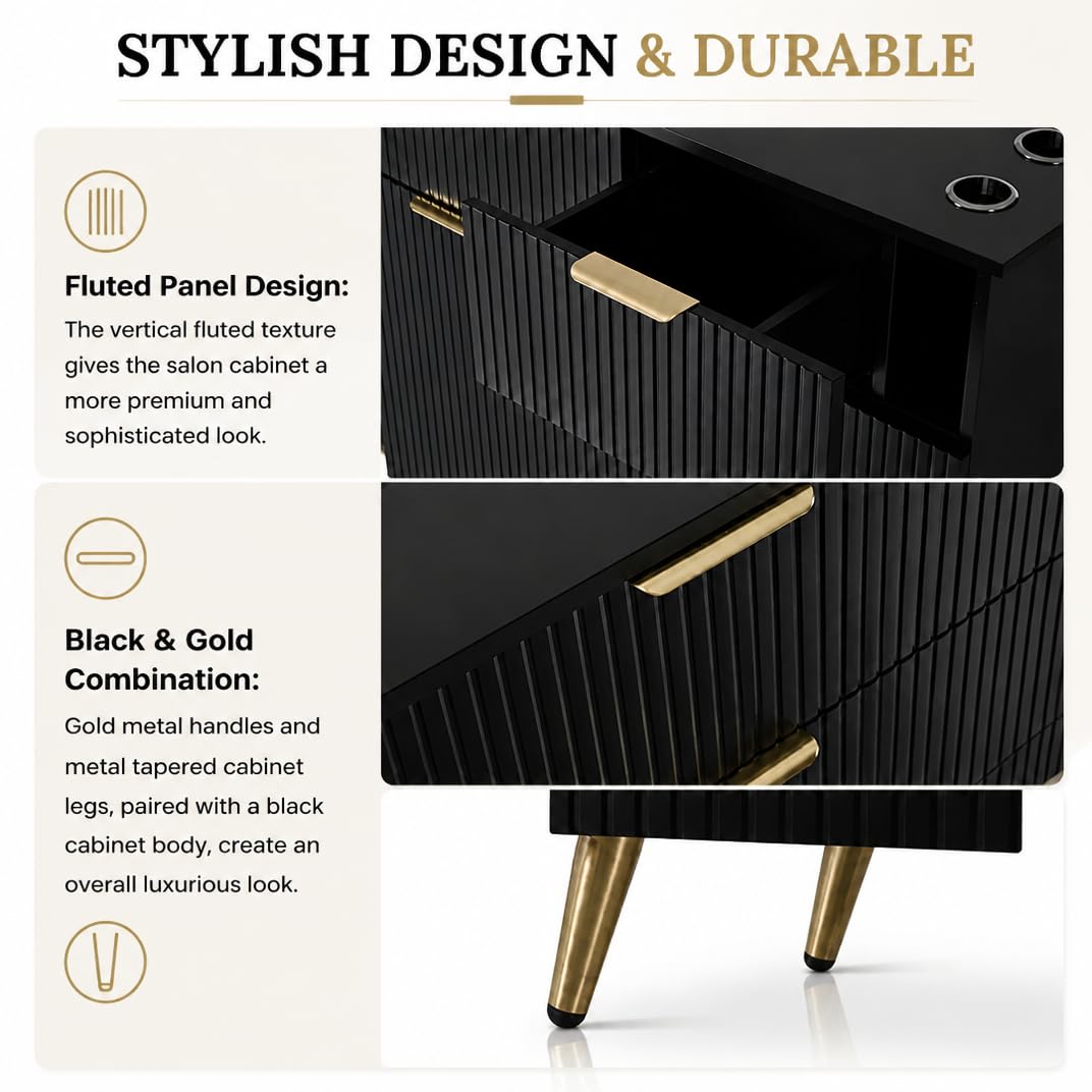 Merax Barber Salon Station with Fluted Design, Gold Metal Legs & Handles, Multi-Zone Storage, 3 Hair Dryer Holders & Barber Storage Cabinet, 5 Drawers, Easy Assembly for Salons Barber Shop, Black