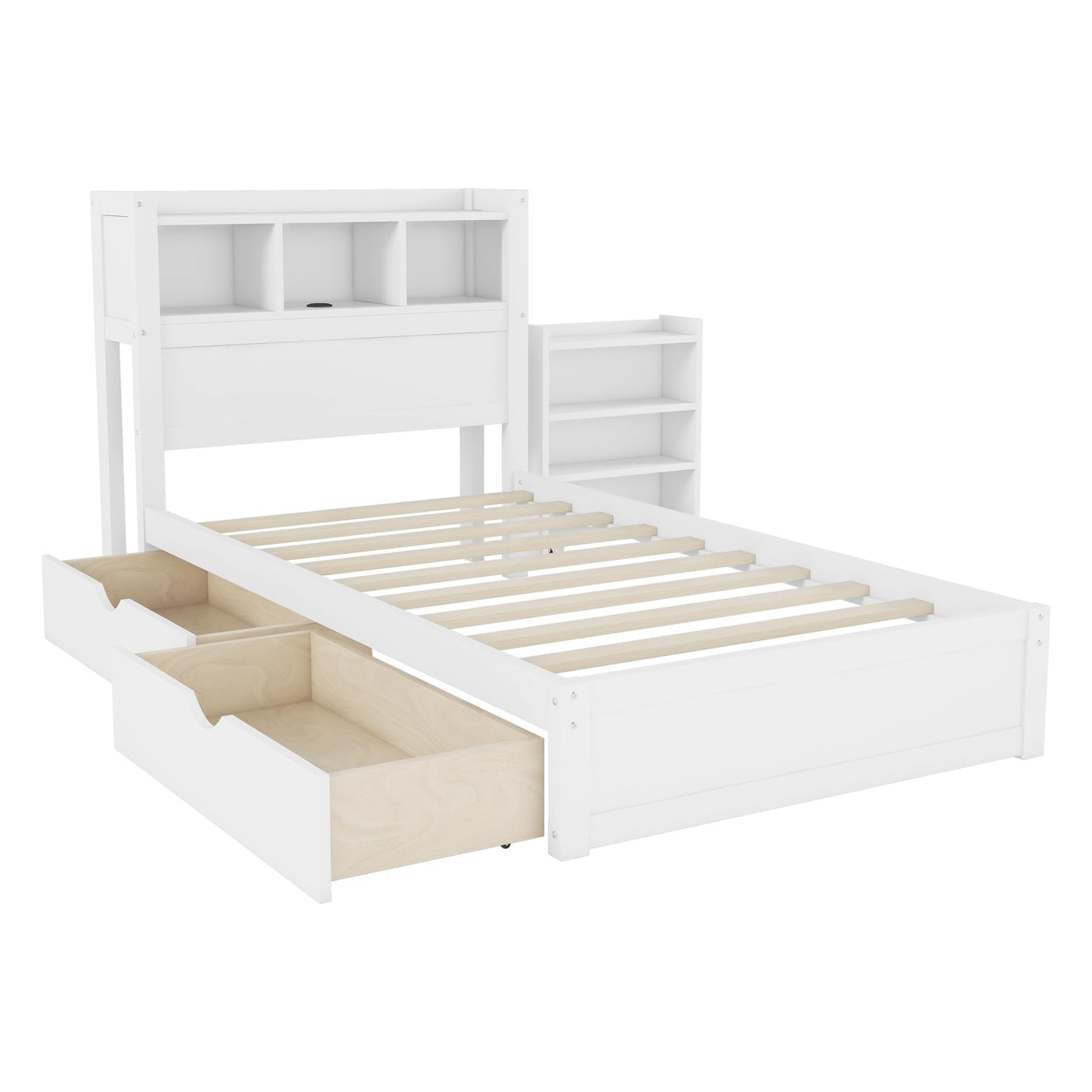 KEIKI Twin Size Wood Platform Bed Frame with Storage Headboard & Pull Out Storage Cabinet & 2 Drawers, Modern Bed with Solid Slats & Socket, No Box Spring Required, Easy Assembly, for Bedroom, White