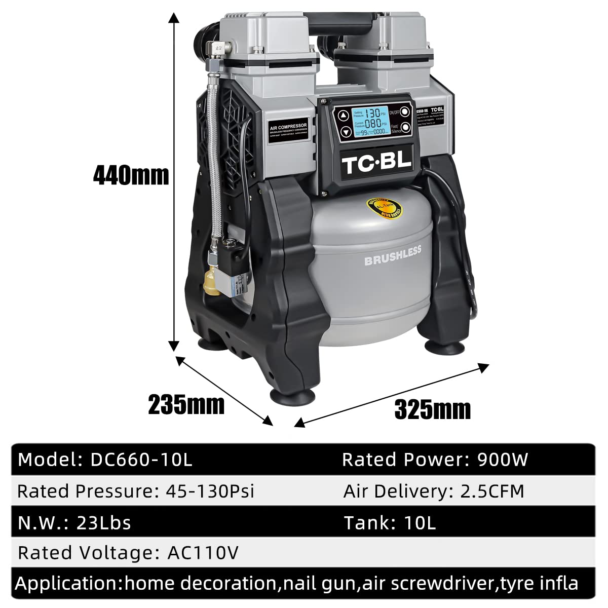 TC·BL Oil free Air Compressor 1.3HP Ultra Quiet Air Compressor Lightweight and with 2.6 Gallon Aluminum Tank