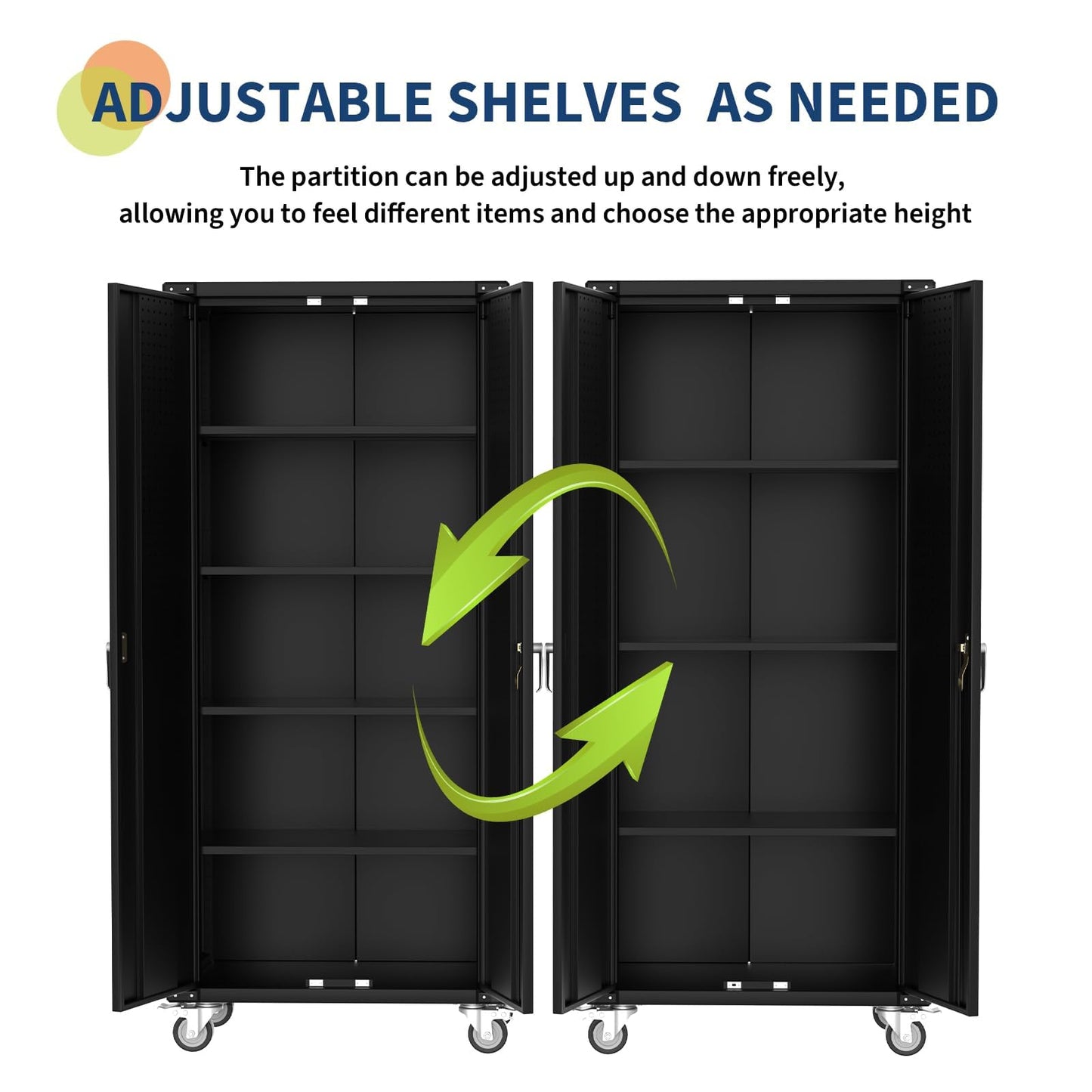 MilleLoom Heavy Duty Rolling Storage Cabinet 72" H – Mobile Locking Metal Cabinet with 4 Adjustable Shelves & Door Pegboard, Ideal for Garage, Workshop, Home Office – Black