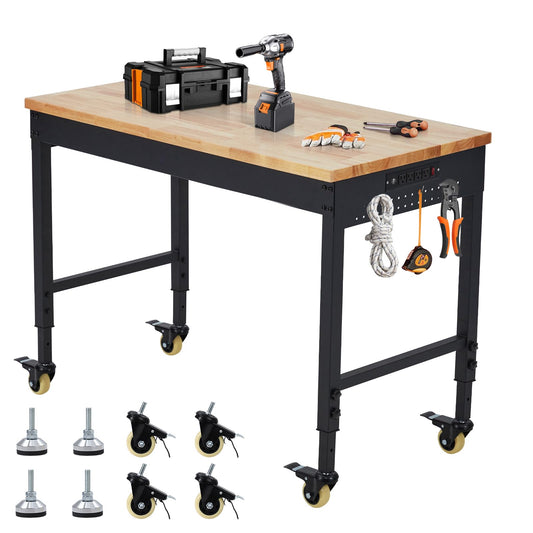 ACONEE Adjustable Workbench for Garage, 60" x 20" Heavy-Duty Rubber Wood Shop Table with Power Outlets & Wheels, 2000 LBS Load Capacity, Hardwood Workstation for Workshop, Garage, Office, Commercial