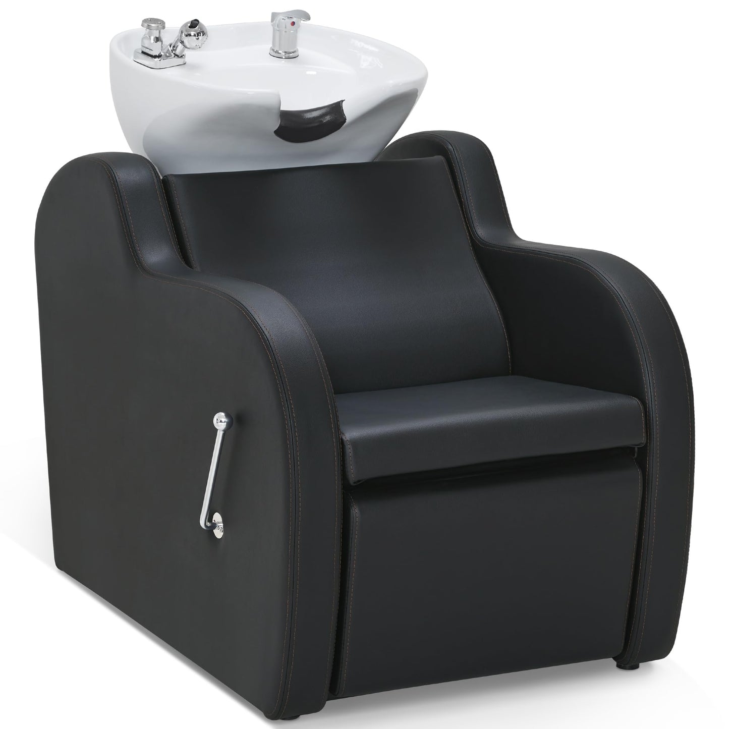 BarberPub Backwash Shampoo Unit with Leg Rest, Adjustable Ceramic Hair Wash Bowl Sink and Chair Set for Salon, Barbershop, Home Salon 9312 (Black)