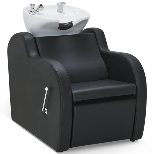 BarberPub Backwash Shampoo Unit with Leg Rest, Adjustable Ceramic Hair Wash Bowl Sink and Chair Set for Salon, Barbershop, Home Salon 9312 (Black)