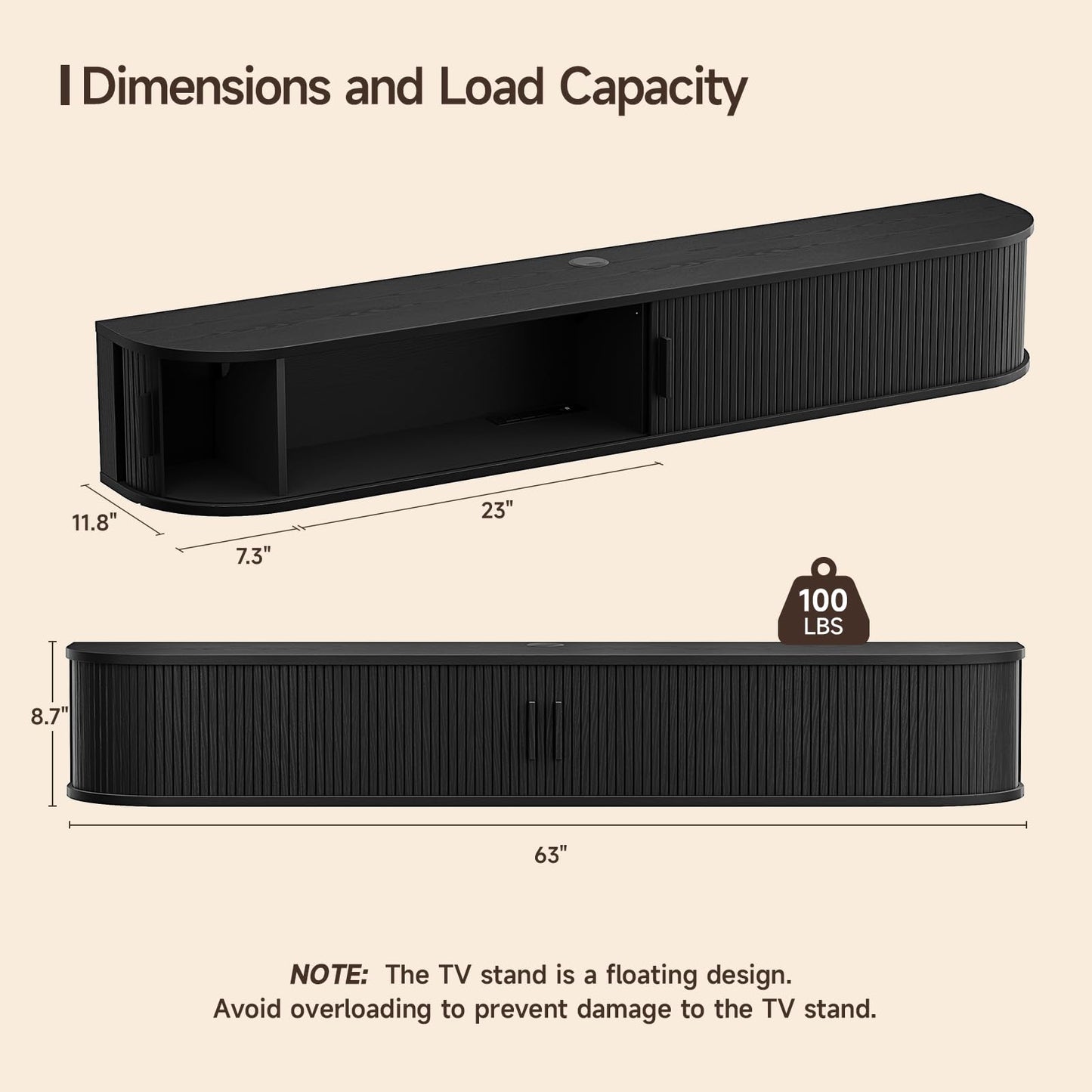 63" Floating TV Stand with Power Outlet for TVs up to 75", Fluted Entertainment Center with Remote Control for LED Lights, Mid-Century Modern TV Console w/Sliding Door for Living Room, Bedroom Black