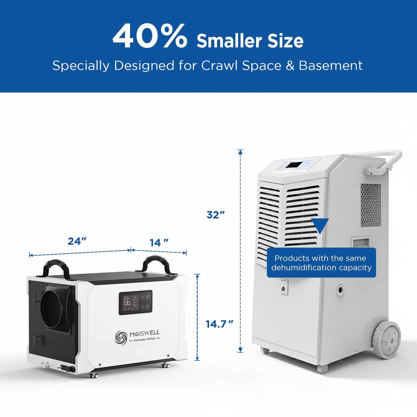 Moiswell 155 Pints Commercial Dehumidifier with Pump and Drain Hose, Energy Star Certified Crawl Space dehumidifier, Industry Water Damage Unit for up to 6,000 sq ft Basements