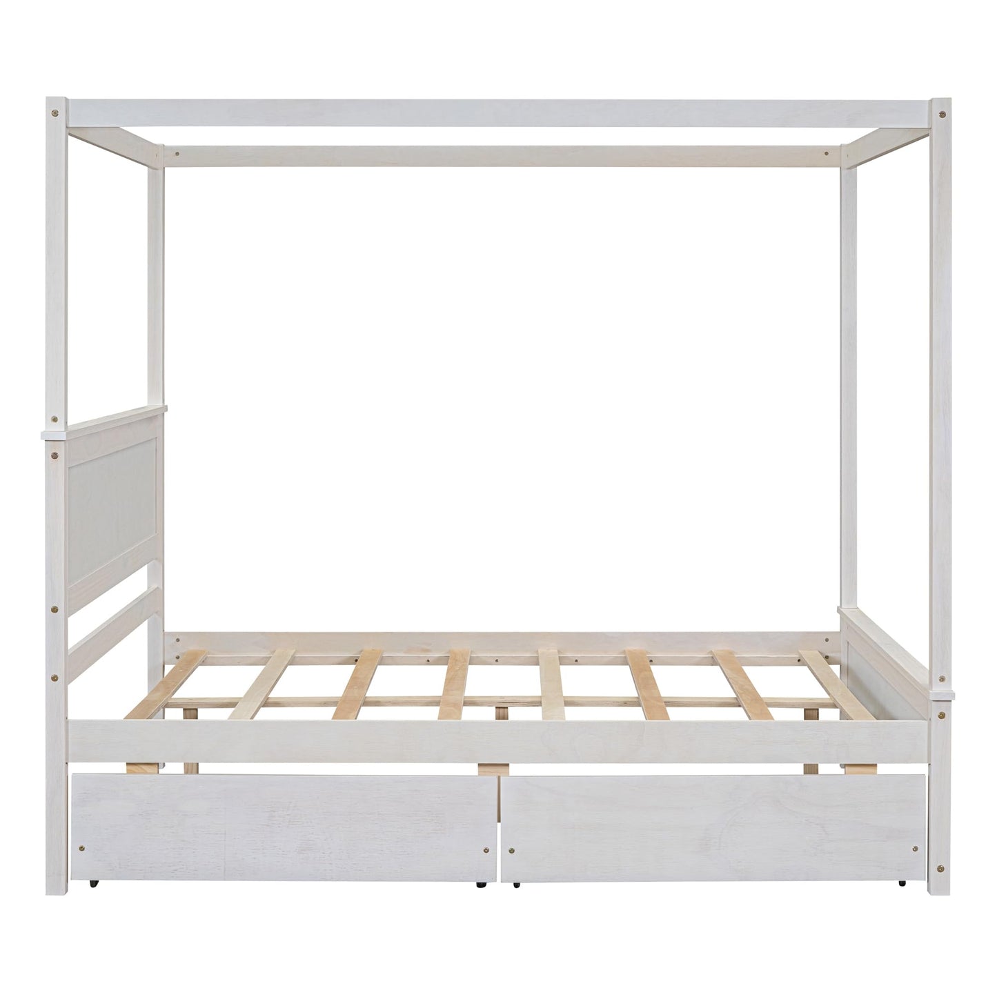 GDFStudio Full Size Canopy Bed Frame with 2 Storage Drawers, Solid Pine Wood Platform Bed Frame Full Size with Headboard Slat Support, Canopy Full Size Bed Frame, No Box Spring Needed, Brushed White