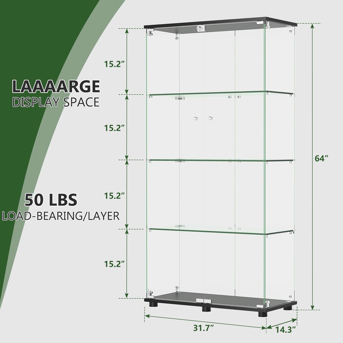 Ball & Cast Glass Display Cabinet with Double Door and Lock,4 Tier Curio Cabinet 5mm Tempered Glass Floor Standing Bookshelf for Living Room,Office,Easy Assembly,Black
