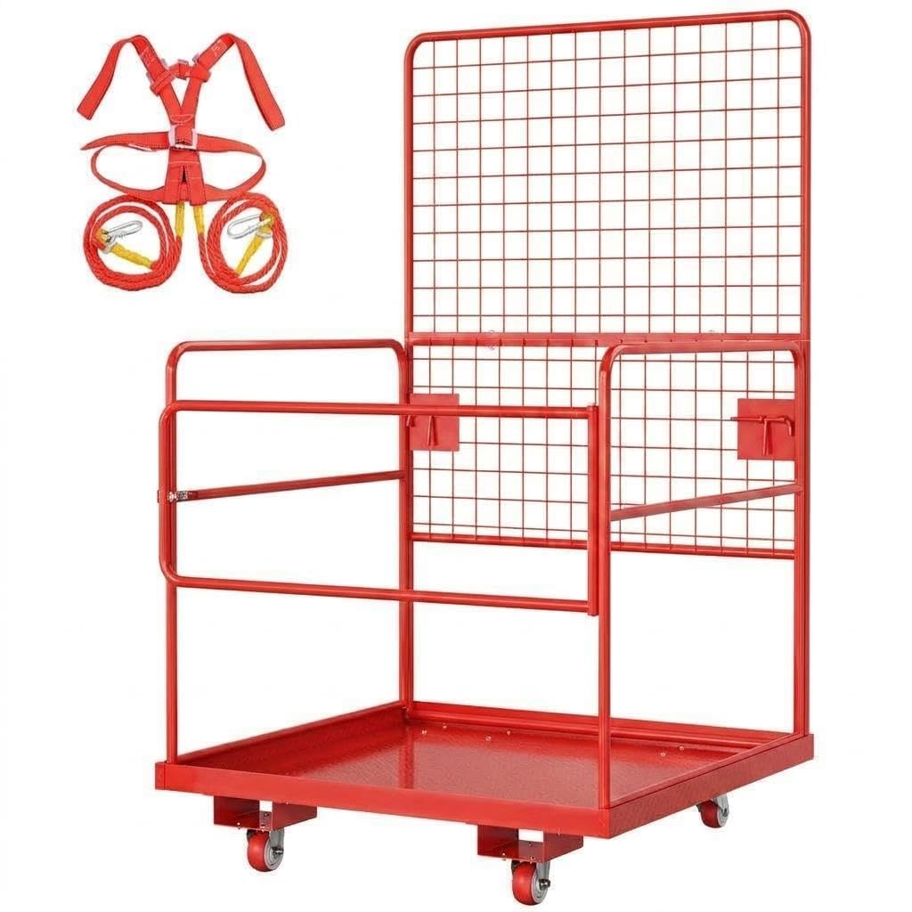 2200LBS Capacity 43"x45" Forklift Safety Cage with Swivel Wheels - Heavy Duty Forklift Man Basket with Safety Harness - Collapsible Lift Basket