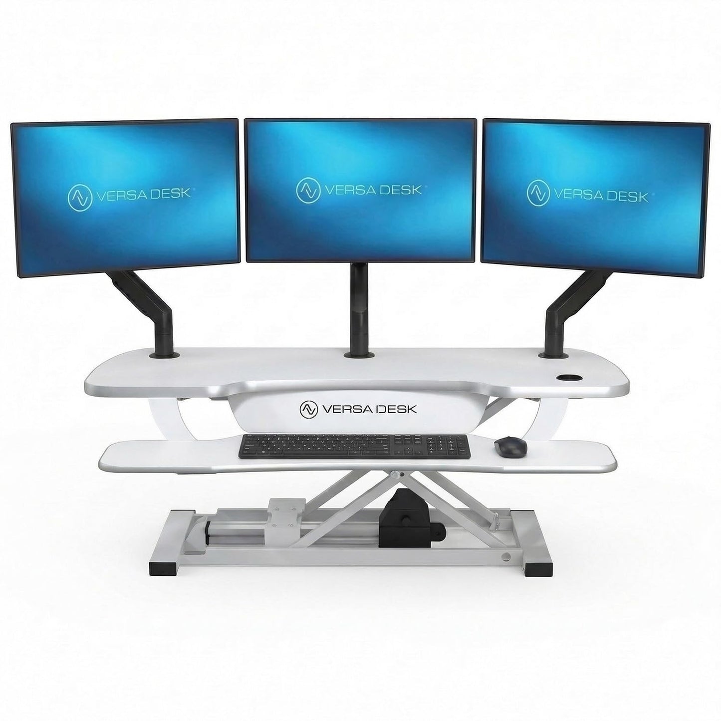 VERSADESK PowerPro 40 Inch Electric Standing Desk Converter – Push-Button Height Adjustable Sit to Stand Desk Riser for Triple Monitors & Laptop – Motorized Desktop Workstation with Wide Keyboard Tray