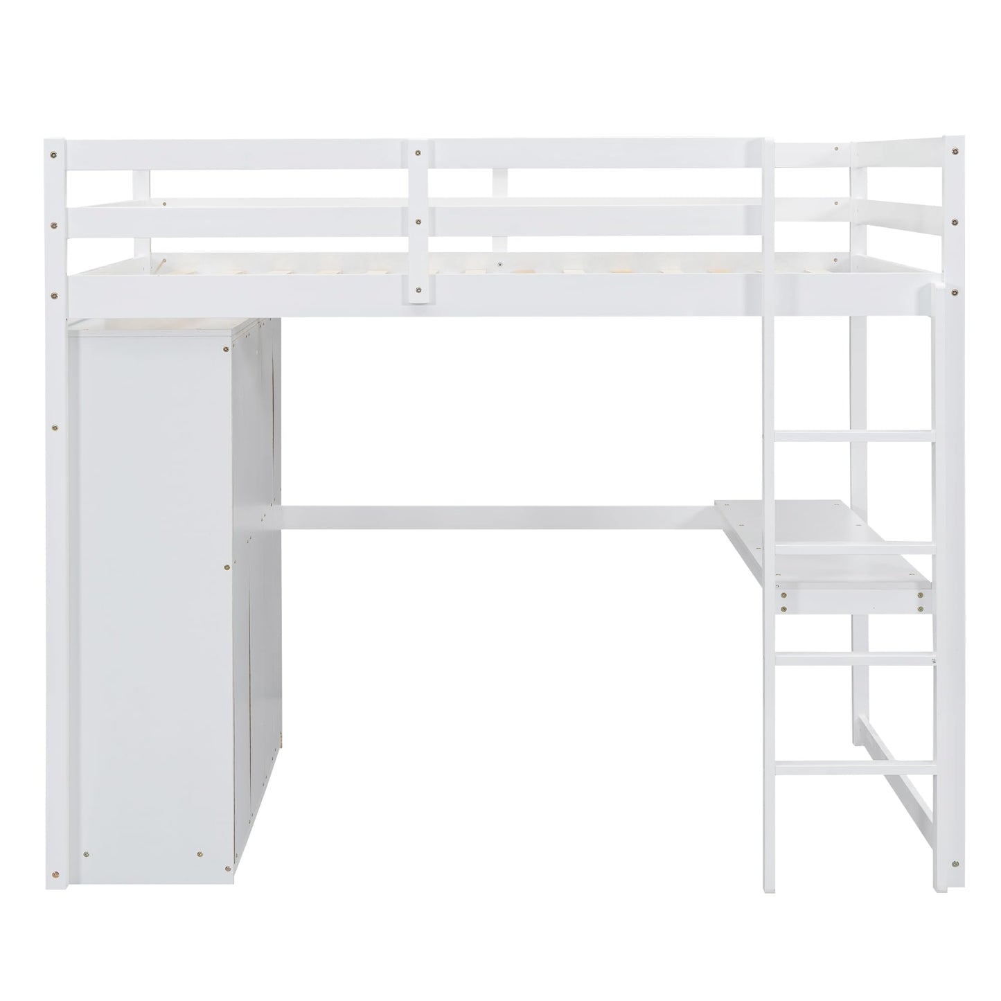 Merax Full Size Wood Loft Bed with Built-in Wardrobe, Large Desk, 2-Tier Storage Shelves & 3 Drawers, Solid Pine Wood Frame, 350 lbs Capacity, No Box Spring Needed for Bedroom, White