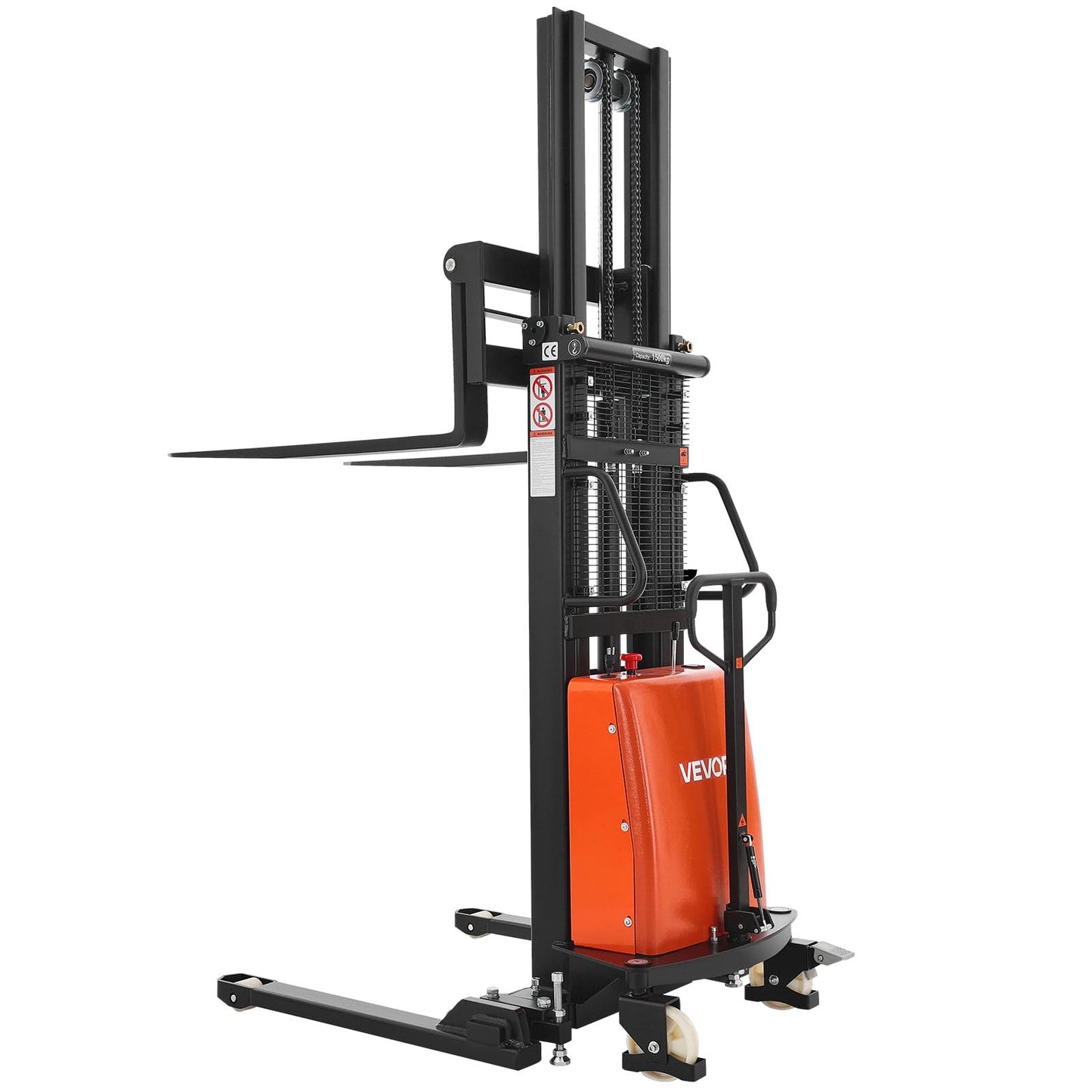 VEVOR Semi Electric Pallet Stacker, 3300 lbs Capacity, 98.42'' Lifting Height, Pallet Lift Stacker Forklift with Straddle Legs & Forks, 8.66-31.1 Inches Adjustable Fork Width, Orange & Black