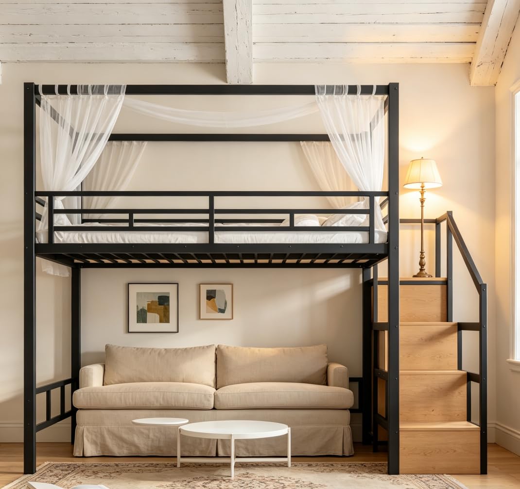 Bellemave Queen loft Bed with Storage Stairs, LED, Wardrobe, Canopy Support Pole, Metal Queen Loft Bed Frame for Adults, Kids, Teens, Canopy can be Disassembled, Black+Natural Wood