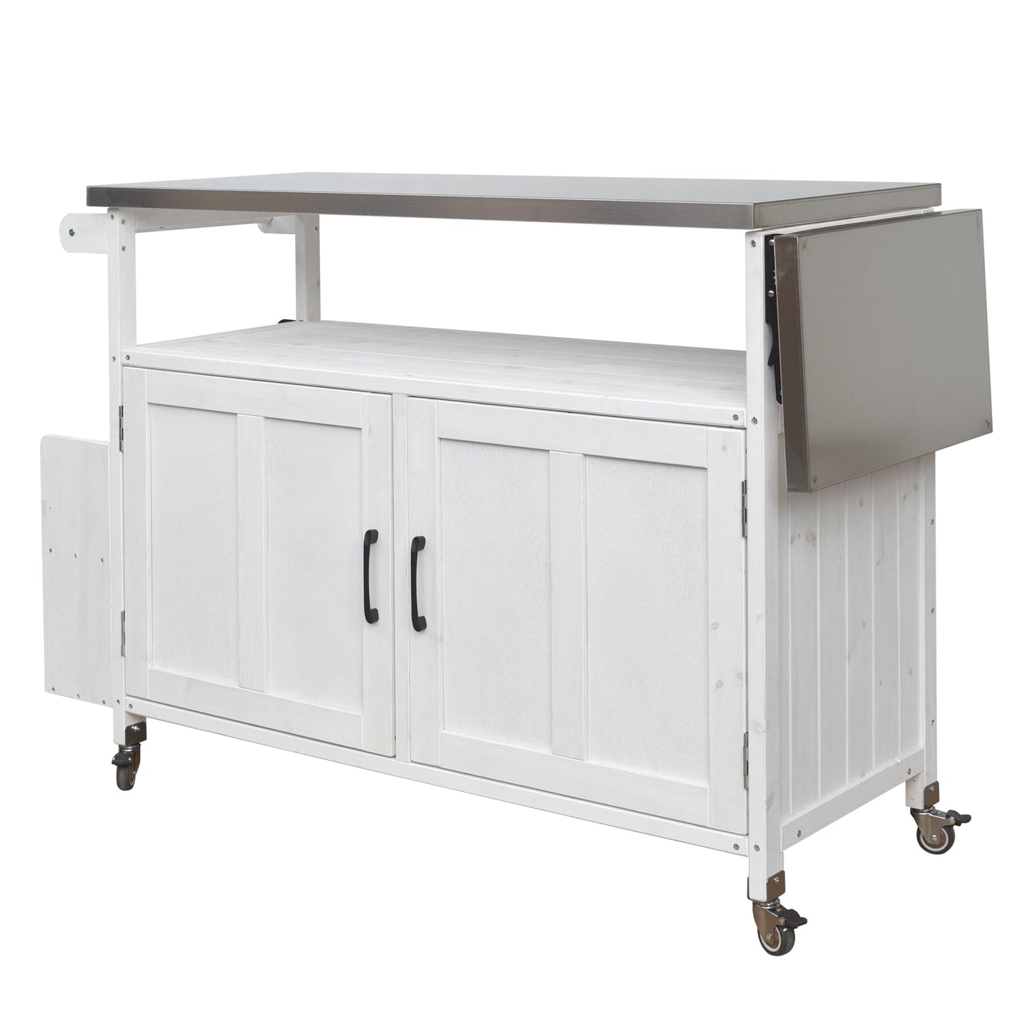 Outdoor Kitchen Island Cart with Foldable Stainless Steel Top, Rolling Grill Table with Adjustable Shelf Storage Spice Rack and Towel Holder, Wooden BBQ Prep Station with Lockable Wheels, White