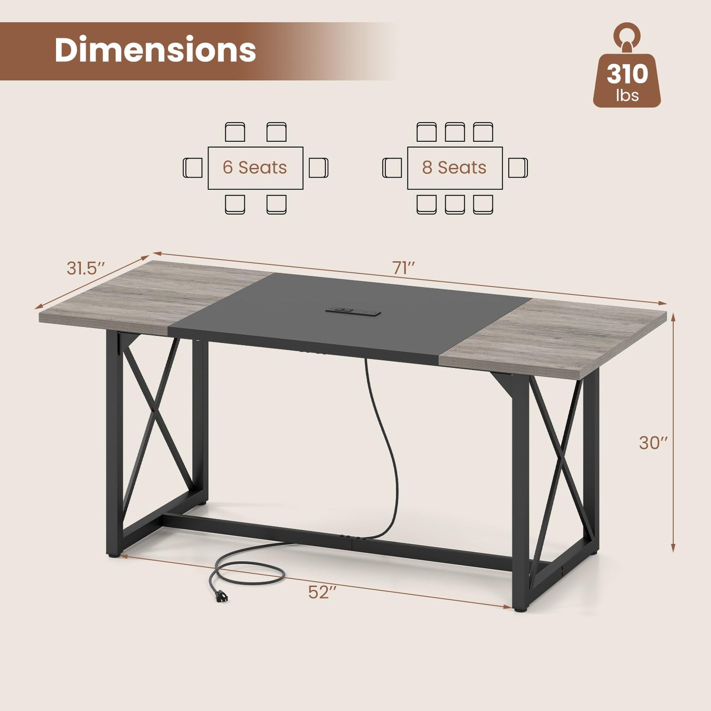 Giantex 6FT Conference Table with Power Outlets, Large Rectangle Meeting Table for 6-8 People, Modern Seminar Boardroom Table w/Stable Metal Frame, Computer Desk for Office Conference (Black,1)