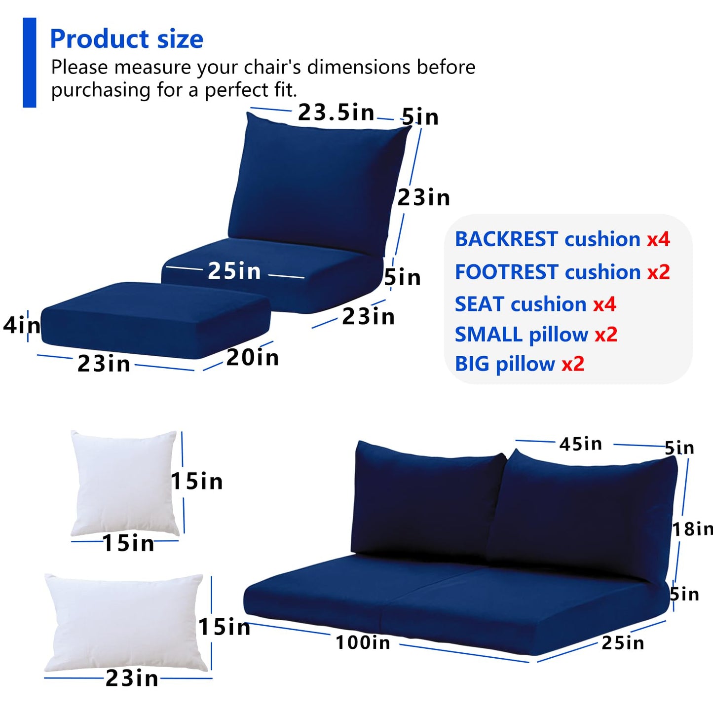 MFPMTUXO (Cushions Only) 16 Pcs Patio Conversation Sets Cushions for 7 Piece Wicker Rattan Sofa Seating Group, Outdoor Conversations Furniture Set Cushion Waterproof(Navy Blue)