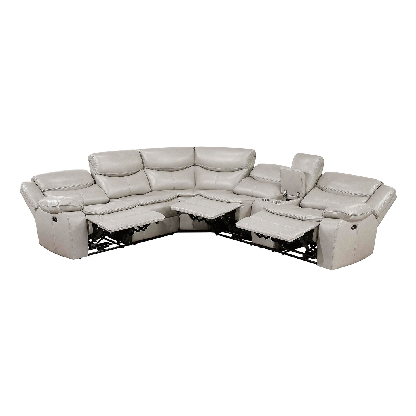 Lexicon L-Shaped Power Reclining Sectional Couch, Faux Leather Reclining Sectional Sofa, 3 Recliners, Wall Hugger, Right Storage Console, Cup Holders, Receptacles, Charging Ports, Silver Gray