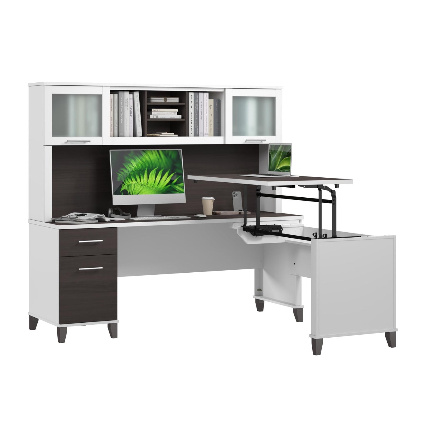 Bush Home 72-Inch L-Shaped Sit to Stand Desk with Hutch, Adjustable Height Standing Corner Computer Desk with Drawers, Shelves, Storage Cabinet, Home Office, Somerset Collection, Storm Gray and White