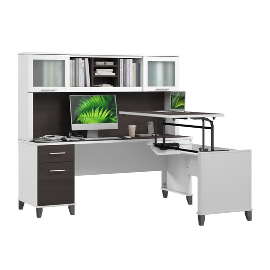 Bush Home 72-Inch L-Shaped Sit to Stand Desk with Hutch, Adjustable Height Standing Corner Computer Desk with Drawers, Shelves, Storage Cabinet, Home Office, Somerset Collection, Storm Gray and White