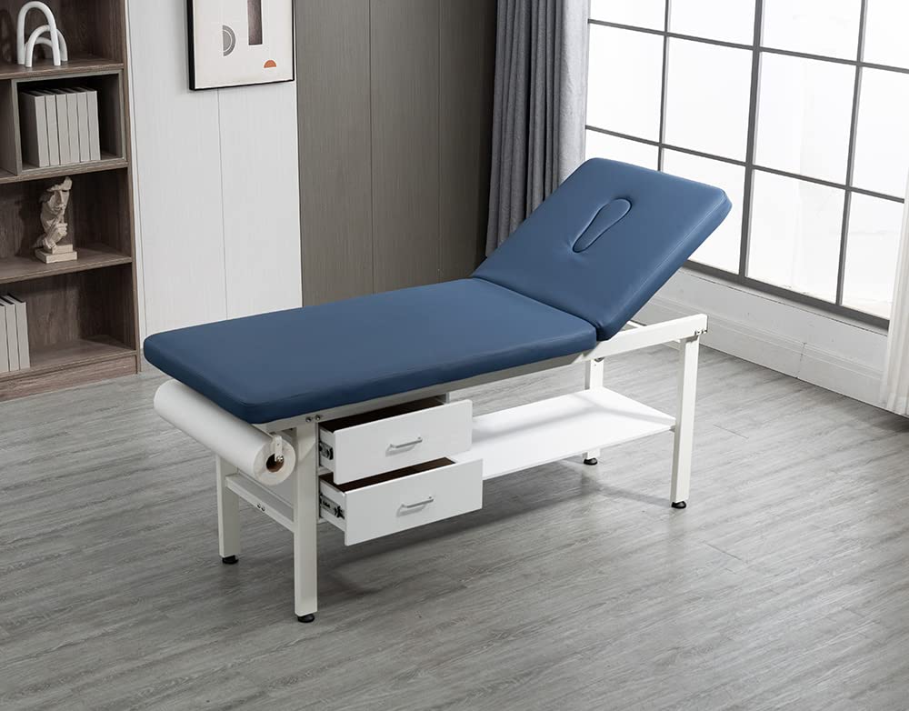 Carenovo 27.6" Width Comfortable Fixed Height Medical Exam Table Backrest Adjustable with Paper Holder and Breath Hole & Two Drawer for Clinic Lab Treatment (Blue)