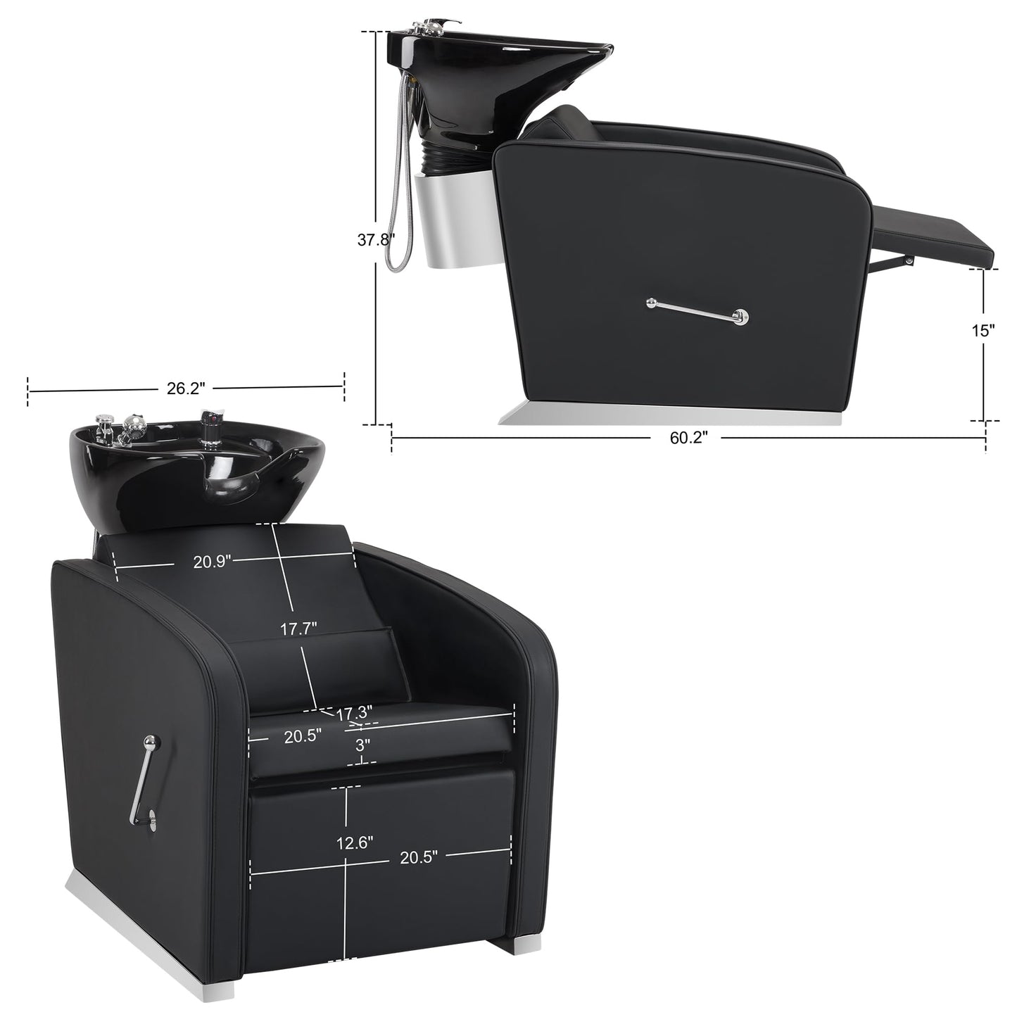 BarberPub Backwash Shampoo Station Chair, Adjustable Porcelain Ceramic Hair Wash Bowl Sink Unit Station, Reclining Shampoo Station Chair for Spa Beauty Salon Hair Salon Equipment 9303 (Black)
