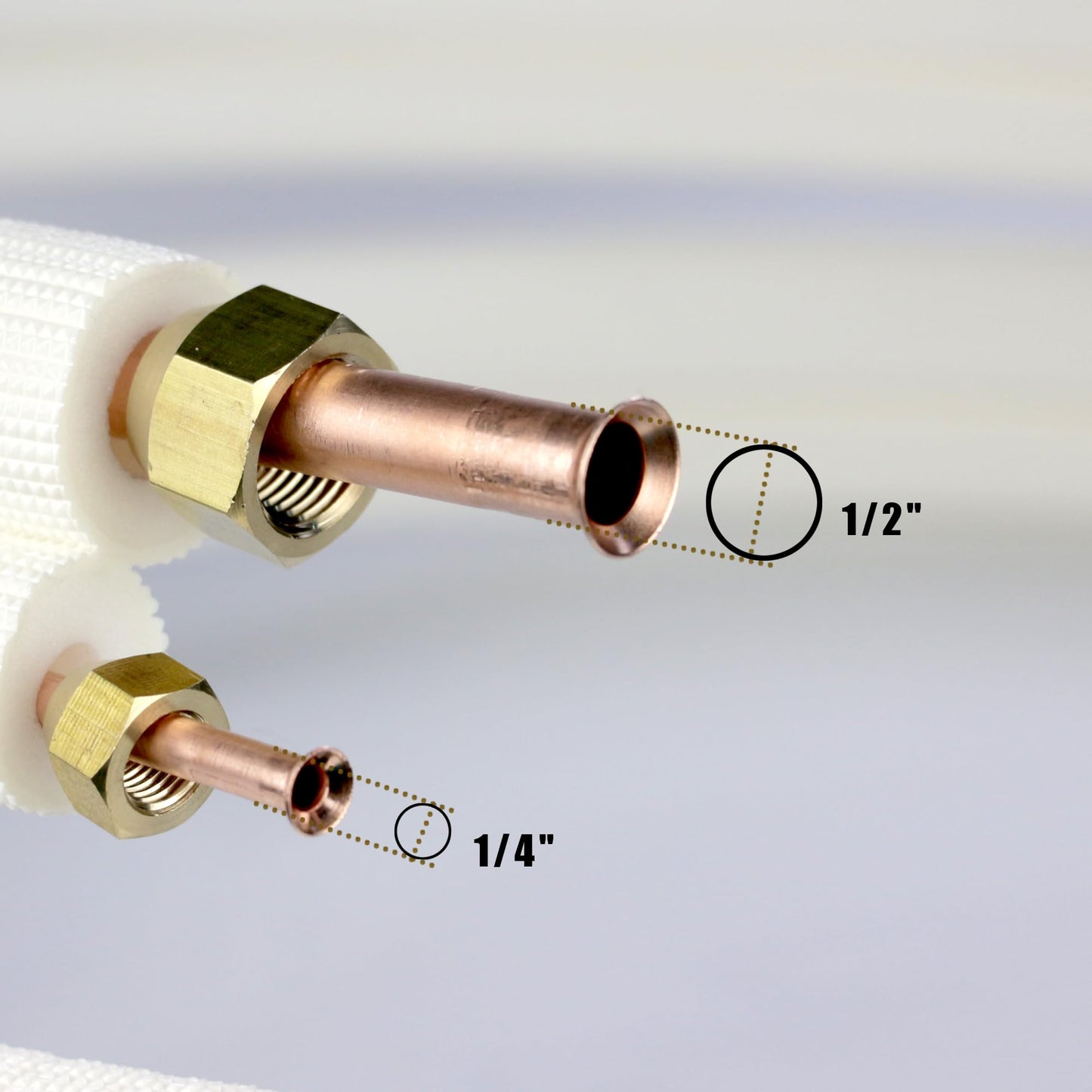 TAUROX 50FT Mini Split Line Set 1/4" & 1/2" O.D Copper Pipes Tubing and 3/8" White Thickened PE Insulation Coil, for Mini Split Air Conditioning or Heating Pump Equipment and HVAC with Flared Nuts.