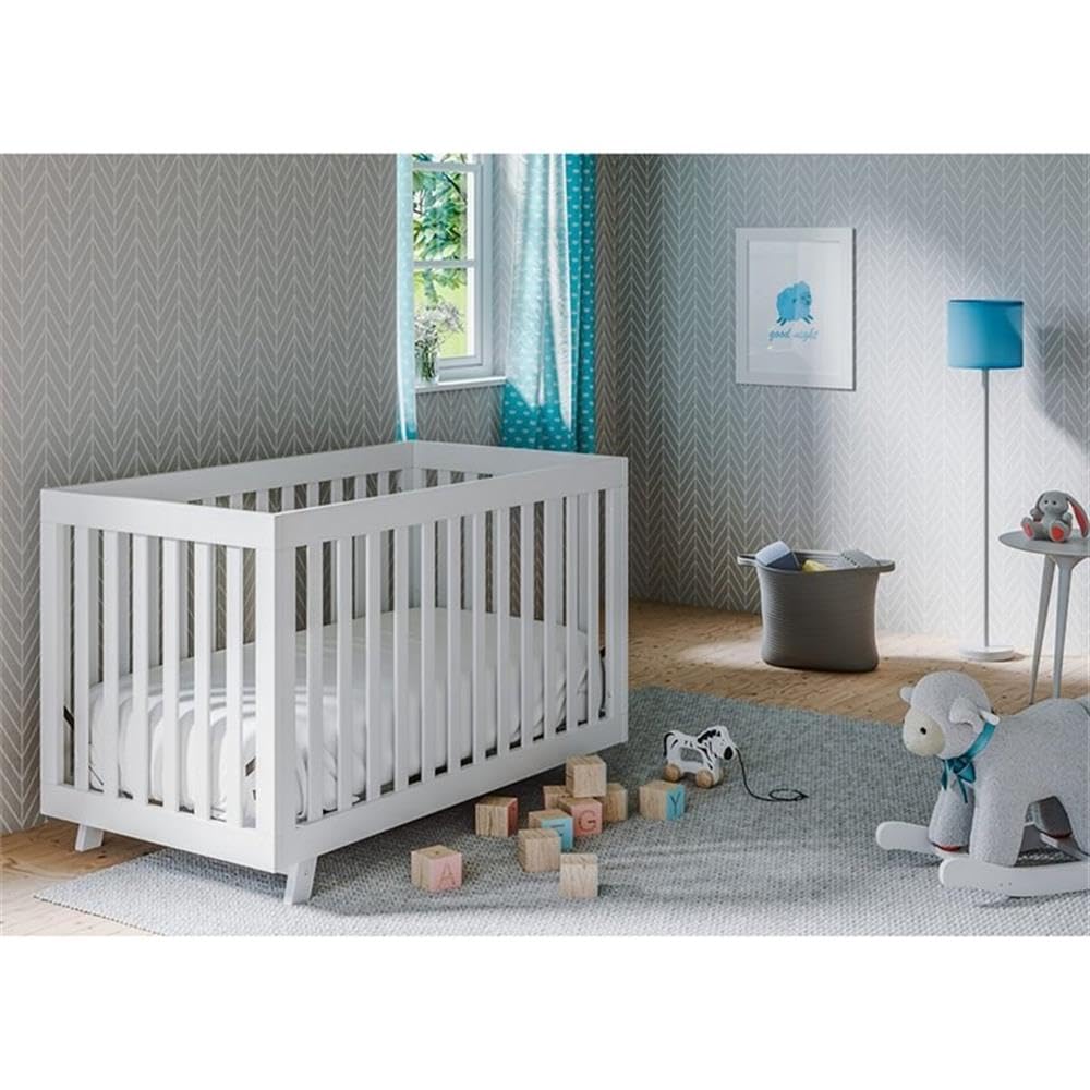 Pemberly Row 3-in-1 Convertible Crib, Pine Wood, Adjustable Base, White Finish, 34" H x 53.7" W x 29.5" D, Mid-Century Modern Design, Toddler Bed and Daybed Option, JPMA Certified Nursery Furniture