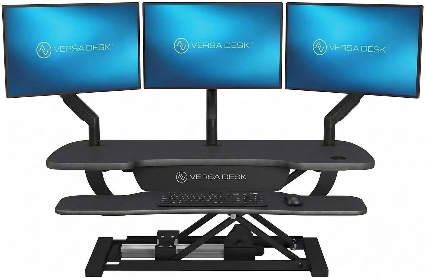 VERSADESK PowerPro 40 Inch Electric Standing Desk Converter – Push-Button Height Adjustable Sit to Stand Desk Riser for Triple Monitors & Laptop – Motorized Desktop Workstation with Wide Keyboard Tray