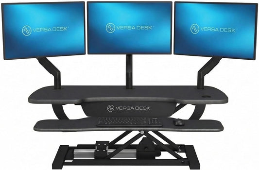 VERSADESK PowerPro 40 Inch Electric Standing Desk Converter – Push-Button Height Adjustable Sit to Stand Desk Riser for Triple Monitors & Laptop – Motorized Desktop Workstation with Wide Keyboard Tray