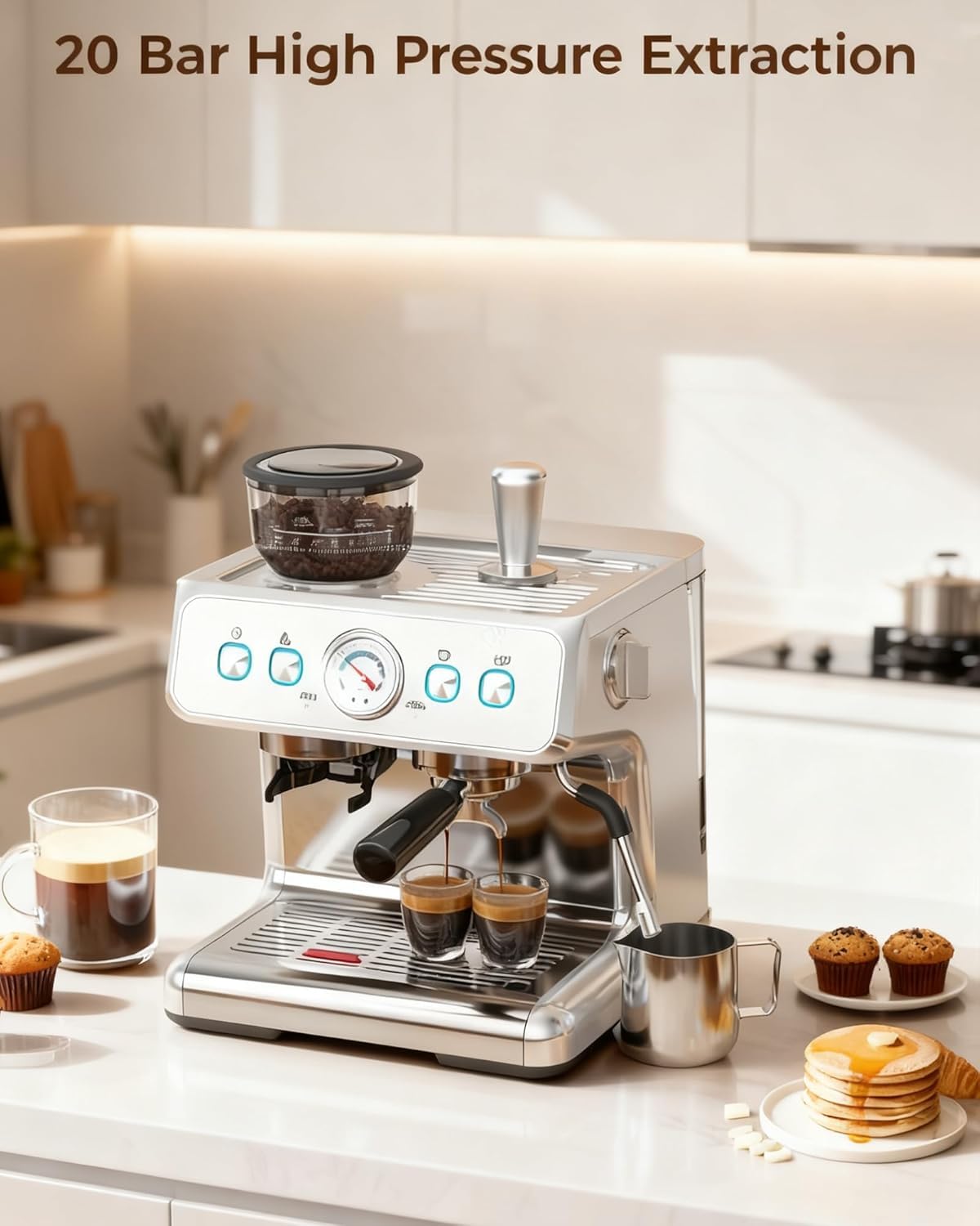 COWSAR 20 Bar Espresso Machine with Grinder & Milk Frother Steam Wand, 58mm Expresso Coffee machines, Commercial Stainless Steel Coffee Maker for Cappuccino and Latte, Perfect for Home Café