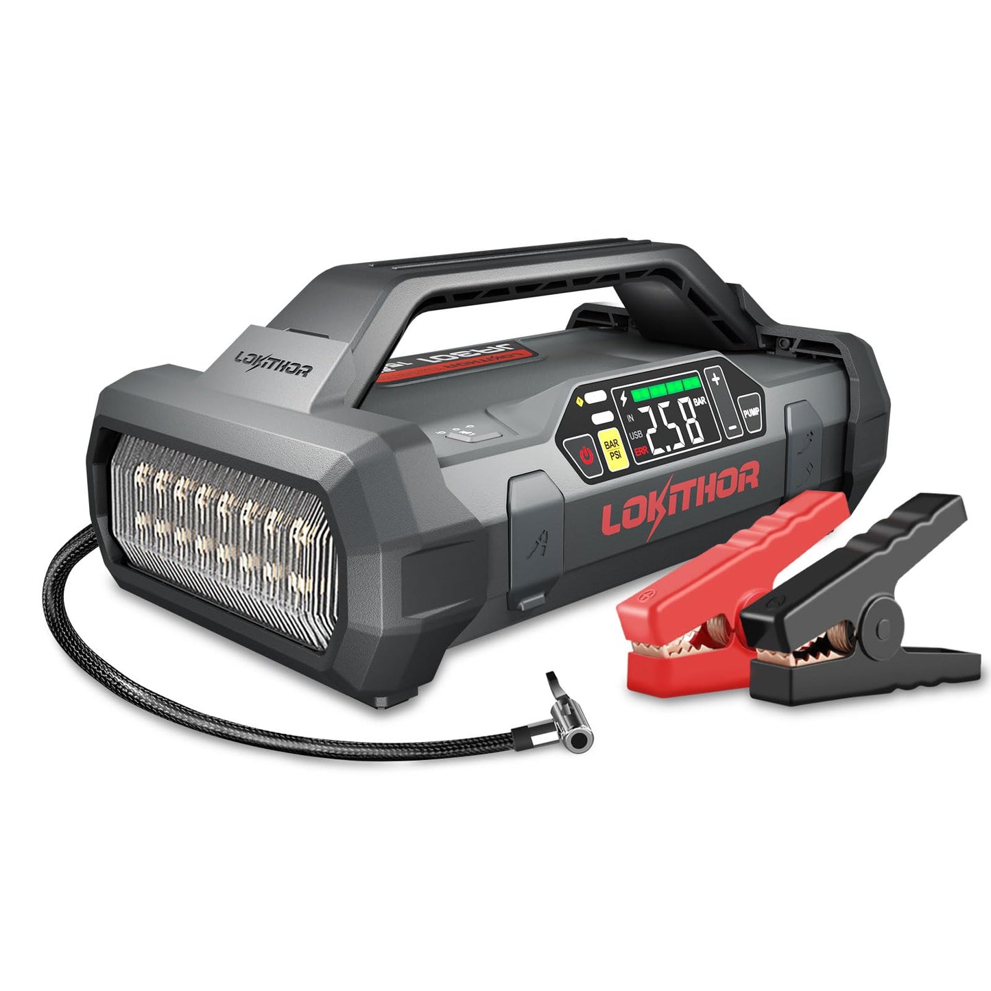 LOKITHOR JA301 Jump Starter with Air Compressor, 2000Amp 12V Portable Car Battery Booster Pack for Upto 8.0L Gas or 6.0L Diesel, 150 PSI Tire Inflator with Digital Screen, 30 Months Ultra-Long Standby