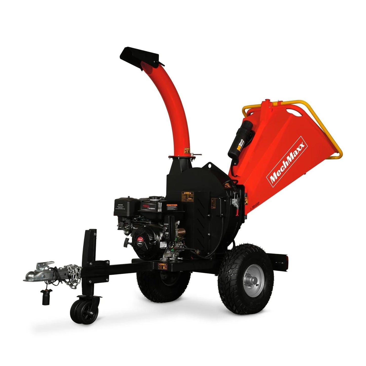 MechMaxx 5'' Inch E-Start 420cc 15hp Gas Powered Wood Chipper Shredder Mulcher with Tail Light, Towbar, Emergency Stop Button, Stop Bar, Model P4205 Red