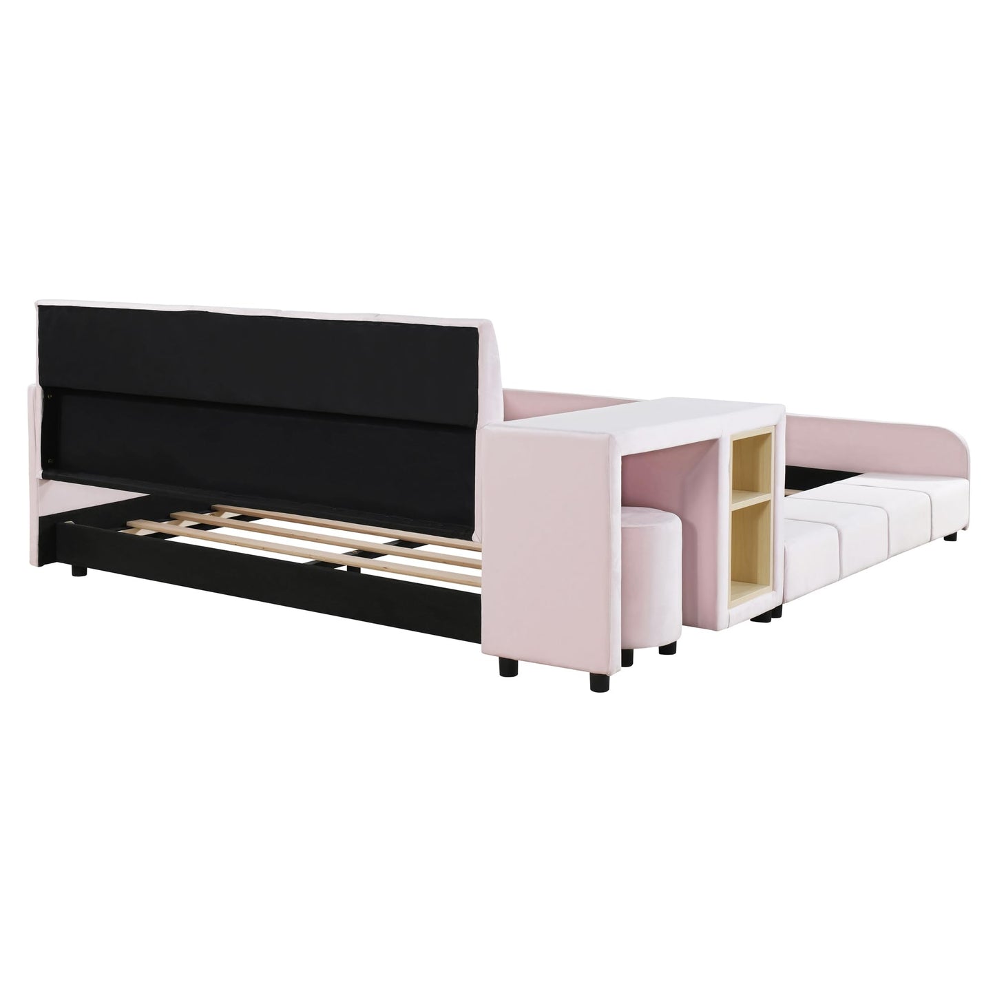 Merax Full Size Velvet Bed Frames Upholstered Grounded Bed, Wooden Mother & Child Bed with Bedside Desk and Little Round Stool,Kids Adults Bedroom Floor Platform Bed,Pink