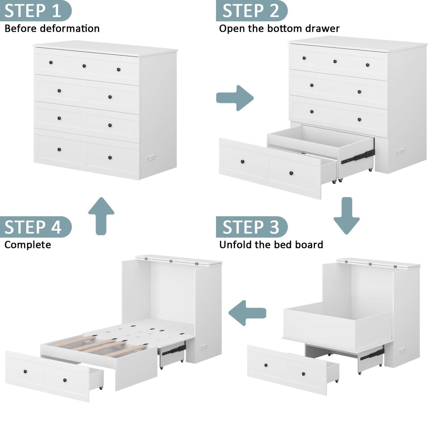 LIVAUVEAD Twin Murphy Bed with Built-in Charging Station, Space-Saving Murphy Bed Chest Twin with Drawer, Foldable, for Home Office Guest Room Bedroom White