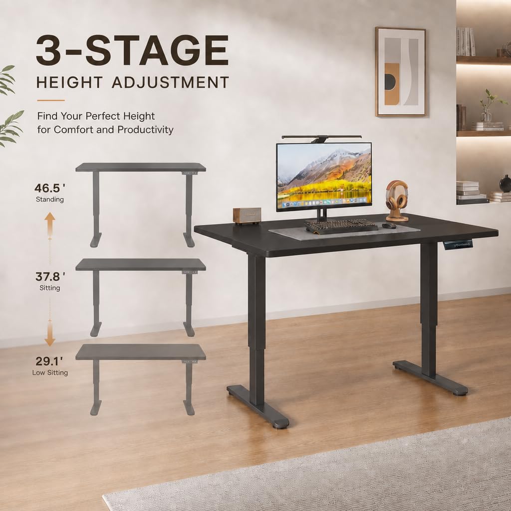 plyosdey 47.2" Electric Standing Desk, Malacca Solid Wood Material, Height Adjustable Computer Desk, 3 Memory Height Settings, Home Office Desk for Study and Gaming (Black Walnut Color, 47.2 * 23.6)