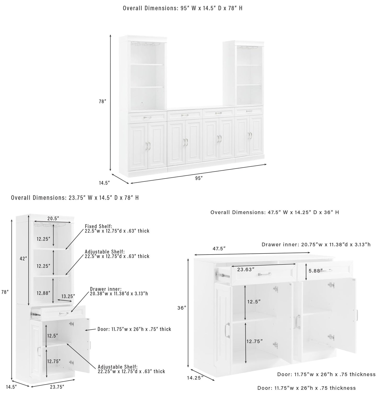 Crosley Furniture Stanton 2-Piece Wine, Liquor, Coffee Bar Cabinet Set with Sideboard and Storage Shelves, White